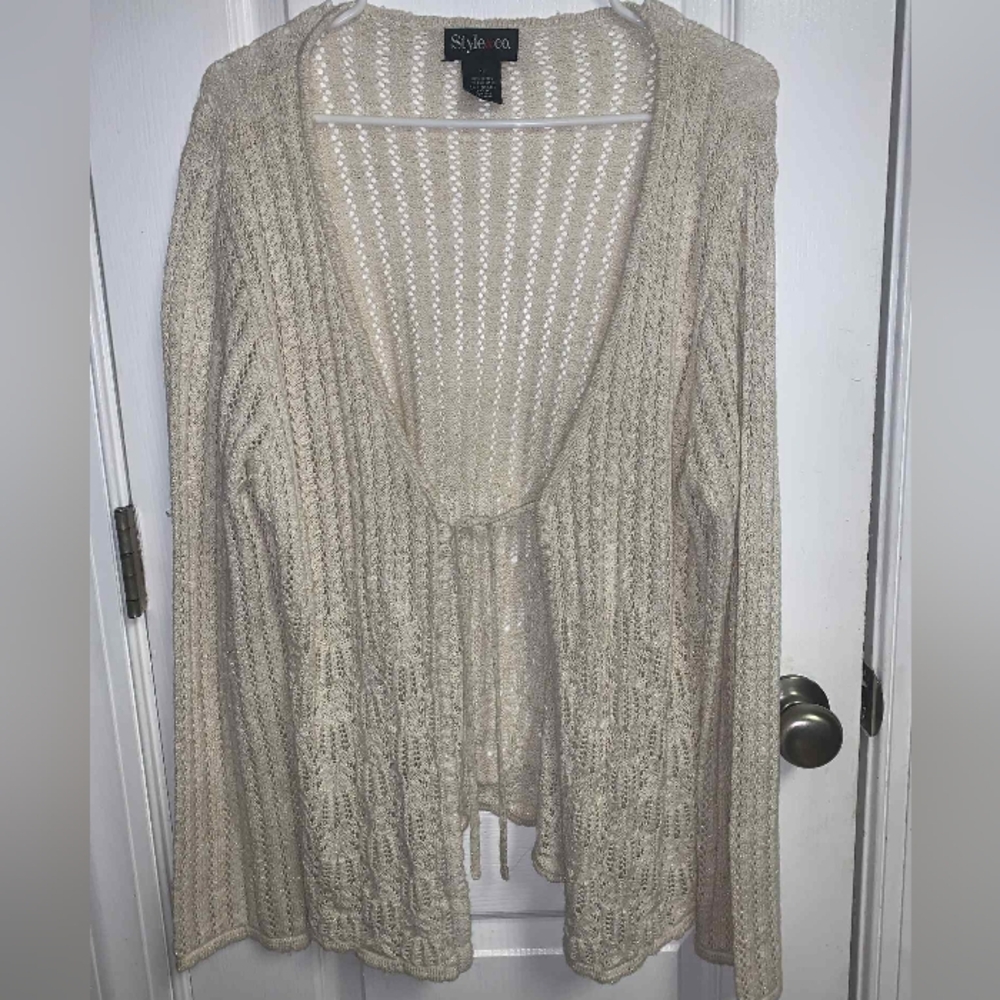 Style & Co Women's Cream With Gold Thread Crochet Sweater Cardigan XL
